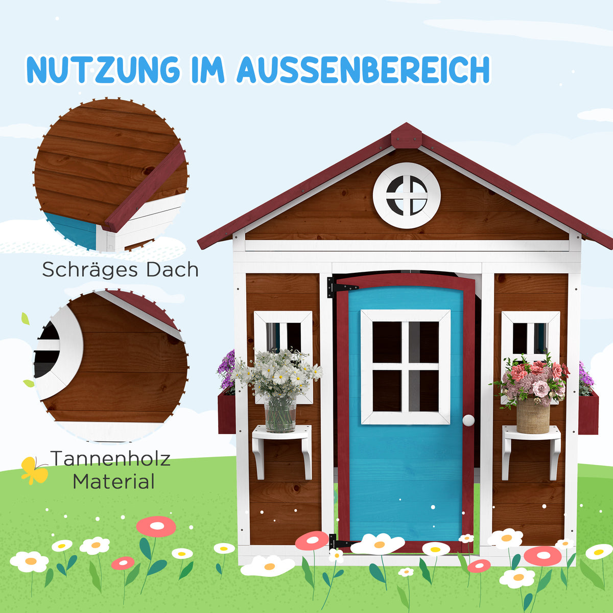 Outsunny Kinderspielhaus, Holz-Spielhaus für Kinder, Outdoor-Gartenspielhaus mit Fenstern, Blumentöpfe, 3-8 Jahre, Blau