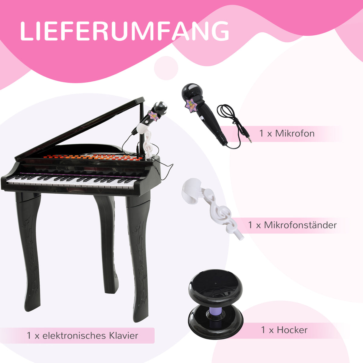 HOMCOM Kinder Klavier Mini-Klavier Piano Keyboard Musikinstrument MP3 USB inkl. Hocker 37 Tasten Schwarz