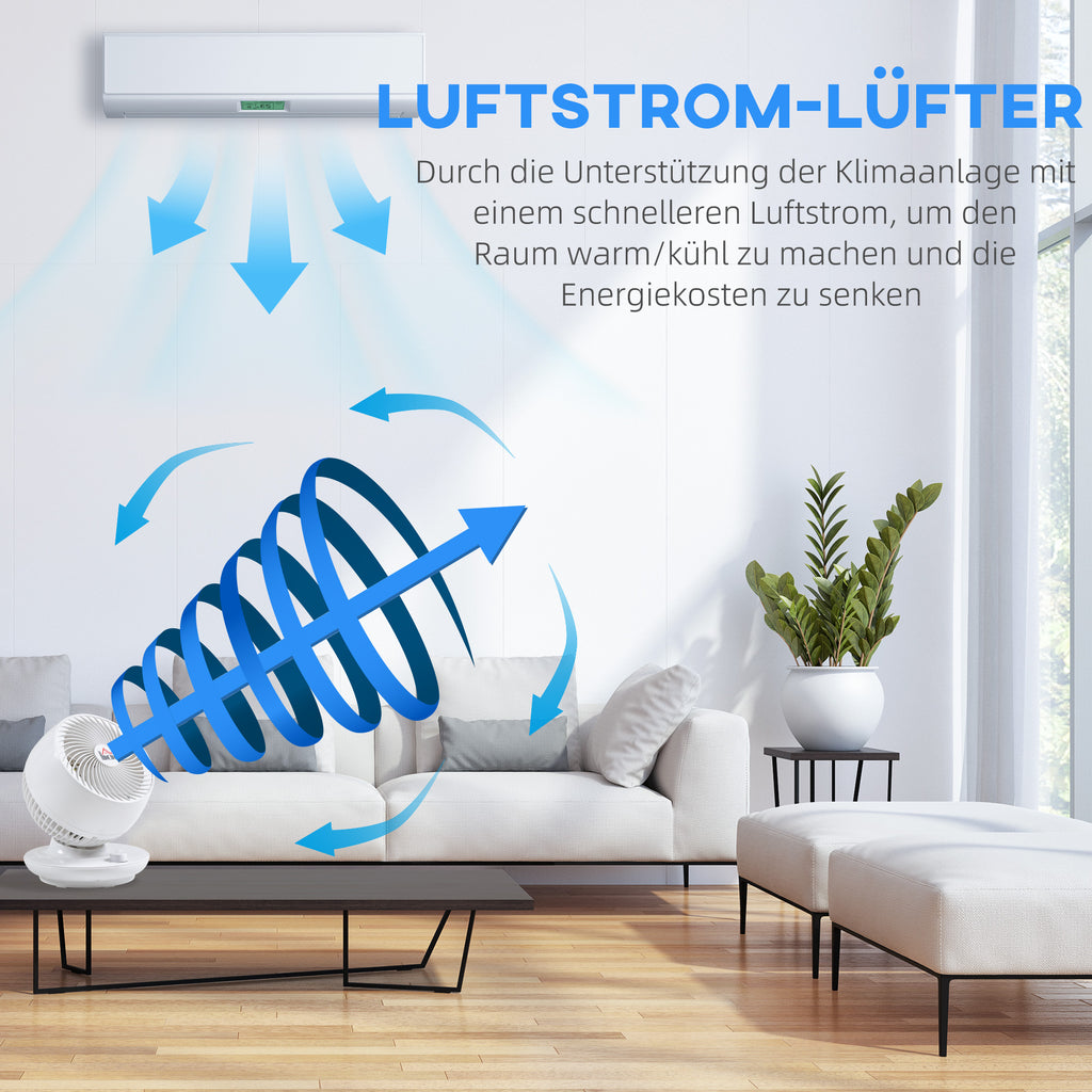 HOMCOM Tischventilator Umluftventilator 90° Kippfunktion 70° Oxidation 90° Schwenkbar Ventilator Lüfter 3 Geschwindigkeitsstufen ABS Kunststoff l Ø27 x 34H cm