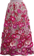 Women 3D Floral Applique Embroidery Maxi Skirt Elastic High Waist A-Line Garden Party Mesh Tulle Skirt