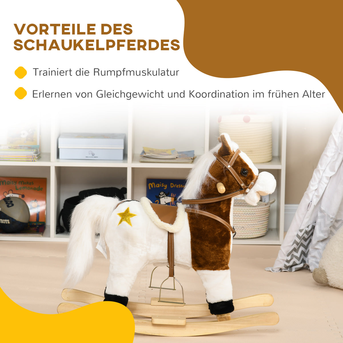 HOMCOM Schaukelpferd, Sattel mit Steigbügeln, Soundeffekte, Musik, Plüschkörper, Metallrahmen, bis 30 kg, braun