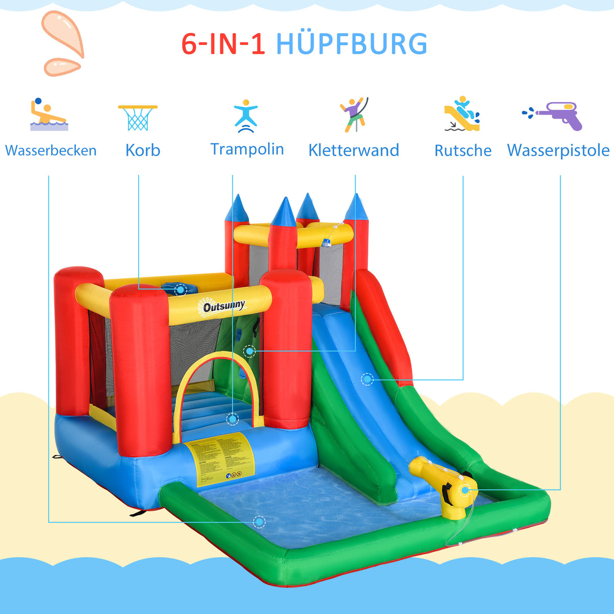 Outsunny Hüpfburg mit Gebläse Rutsche Wasserrutsche aufblasbar für 4 Kinder Wasserhüpfburg Garten XXL Springburg für 3-8 Jahre Kinder Oxford-, Polyester-Gewebe mehrfarbig 330 x 245 x 215 cm