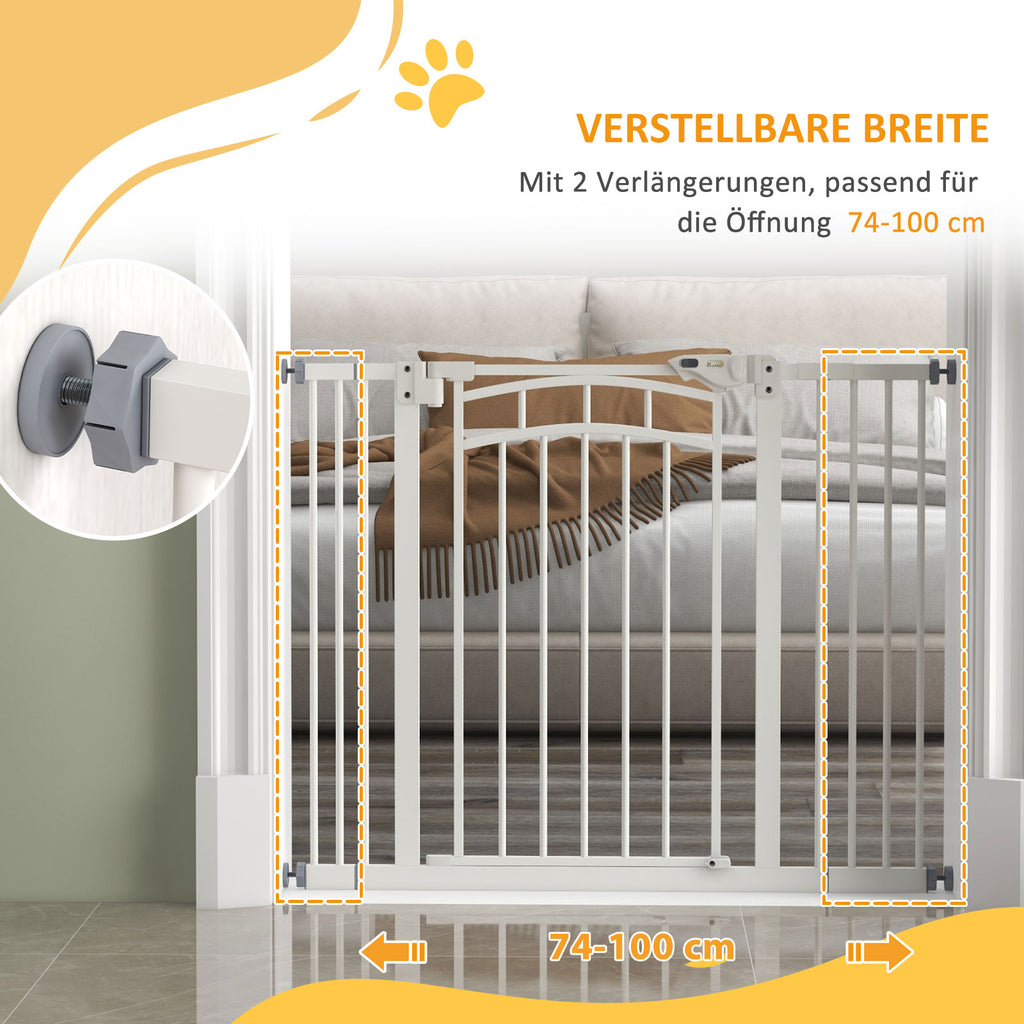 PawHut Treppenschutzgitter Hundeschutzgitter, automatisches Schließen, Einhandbedienung,100 cm x 4 cm x 76 cm, Weiß