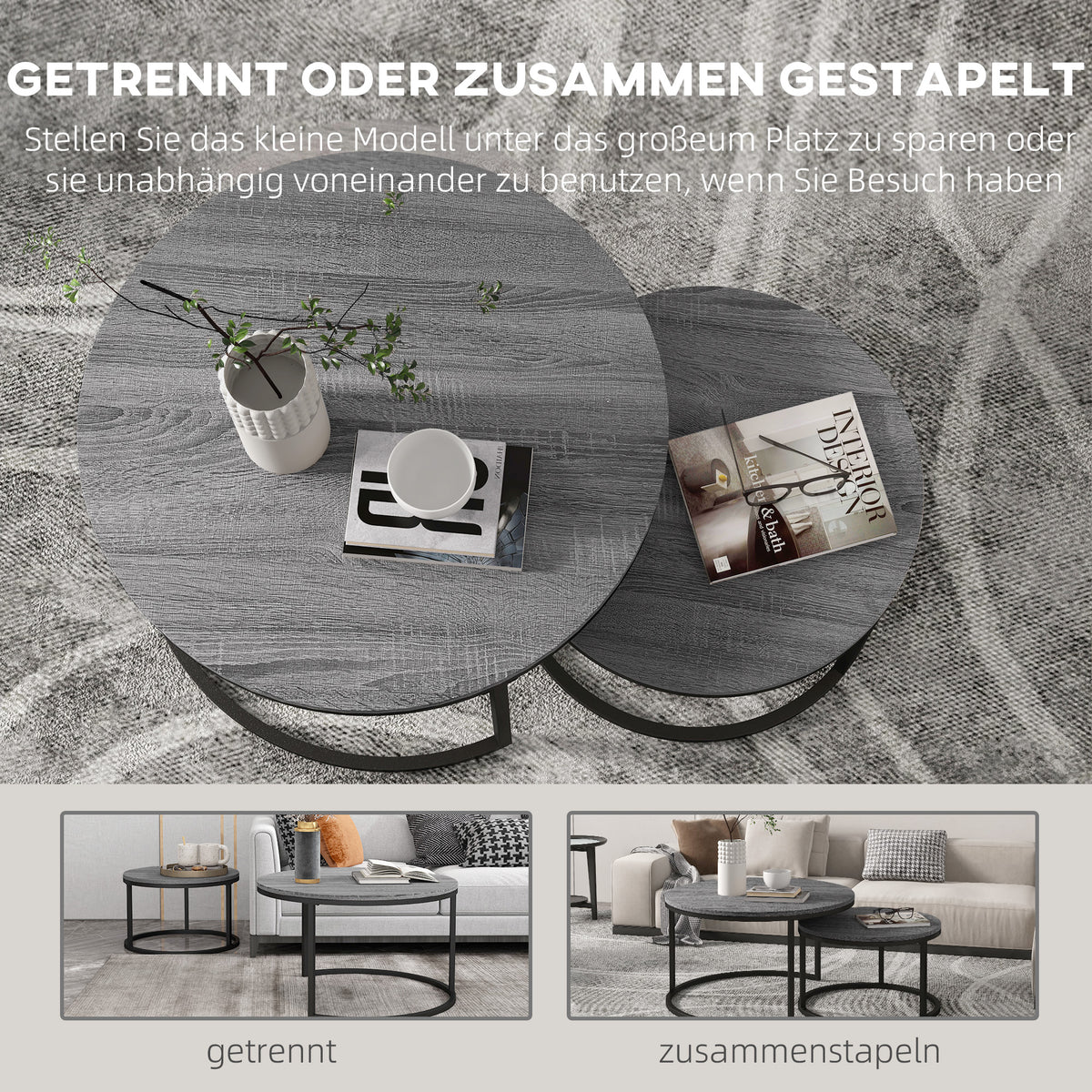 HOMCOM Couchtisch 2er-Set, Beistelltisch mit Metallgestell, Sofatisch, stapelbar, Kaffeetisch, Wohnzimmer, Schlafzimmer, Schwarz