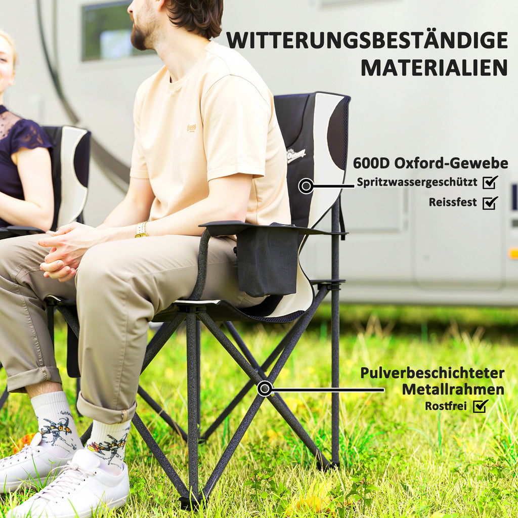 Outsunny 2er Set Faltstuhl faltbar Campingstuhl mit Armlehnen Getränkehalter Kopfstütze Kühltasche Schwarz