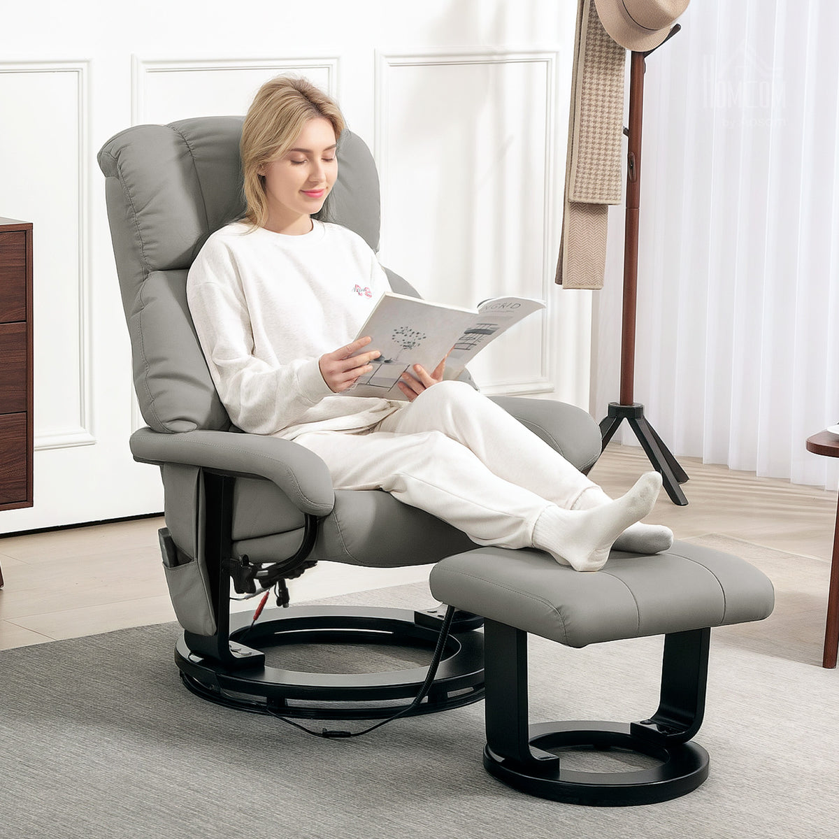 HOMCOM Relaxsessel Massagefunktion Fernsehsessel mit Seitentasche, Kunstleder, Grau