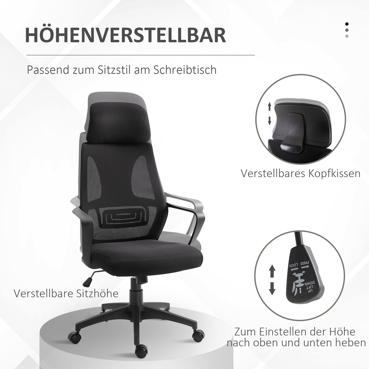 Vinsetto Bürostuhl, Schreibtischstuhl mit Wippfunktion Höhenverstellbarer mit Kopfstütze, Lendenstütze Schwarz