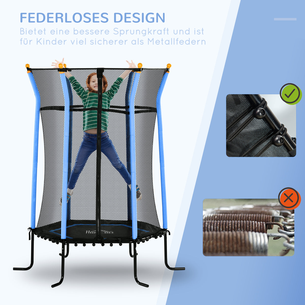 HOMCOM Trampolin für Kinder, Ø163,5 cm, mit Sicherheitsnetz, gepolstert, Stahl, belastbar bis 50 kg, Schwarz & Blau