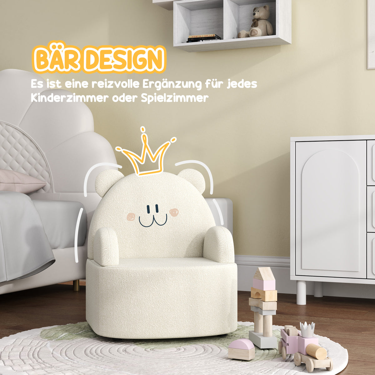 AIYAPLAY Kindersessel, Bärenform, weicher Teddyfleece, bis 3 Jahre, 52x48x59 cm, Beige