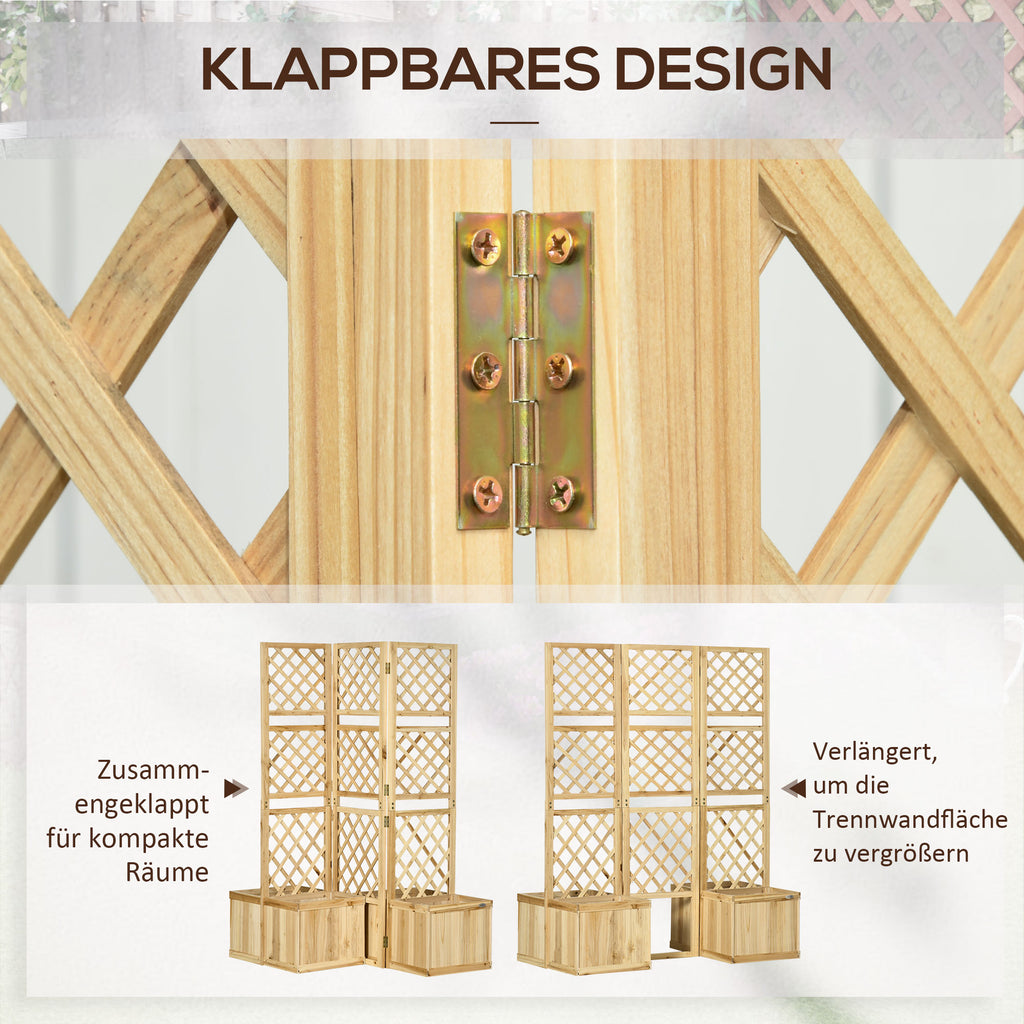 Outsunny Paravent, Sichtschutz für Garten, dreifach klappbar, 4 Blumenkästen, Massivholz, Naturfarbe, 133 x 62 x 165 cm