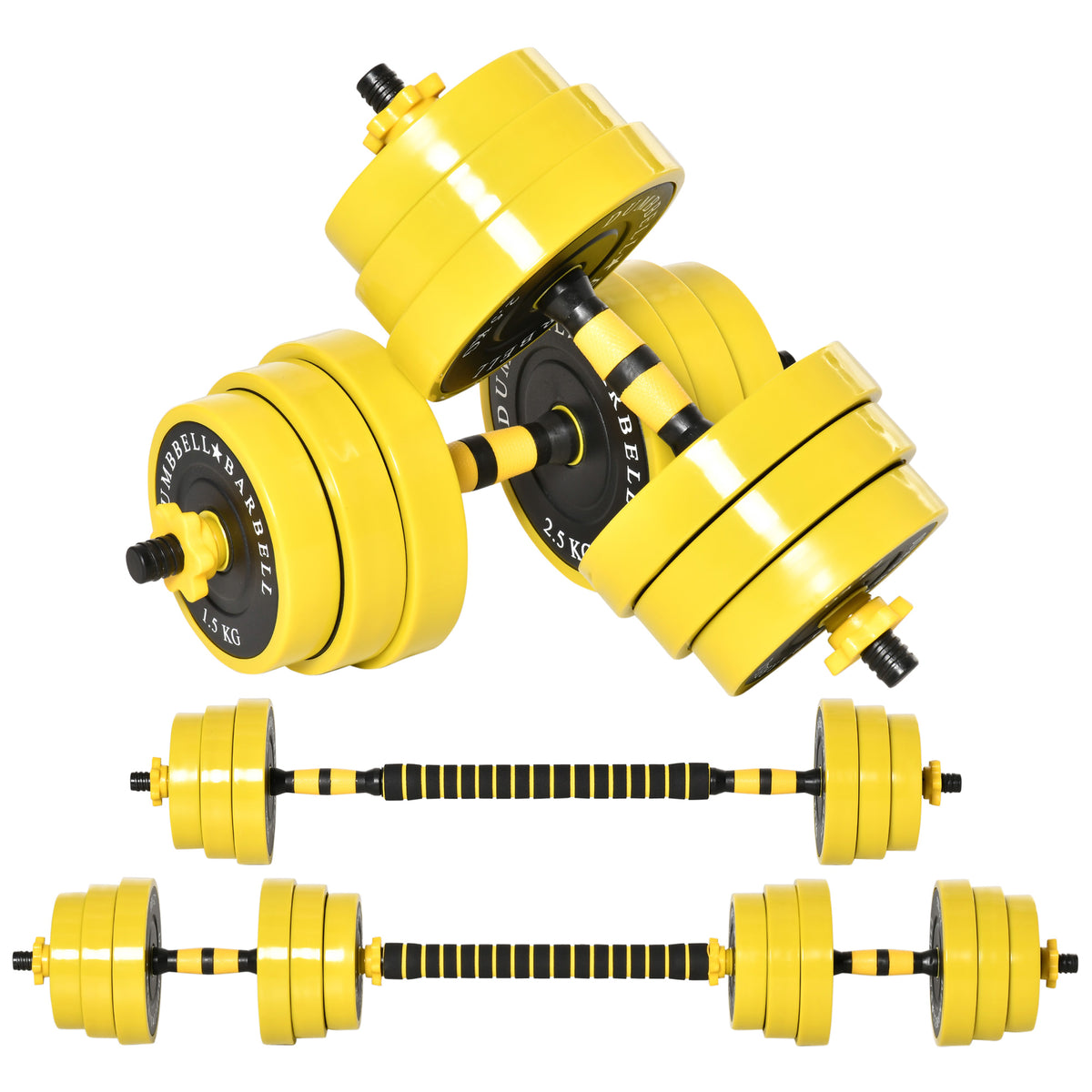 HOMCOM 25 kg Hantel & Langhantel,Einstellbare ergonomische 3-in-1 Hantelset,12 × Platten,2 × Kurze Stöcke,1 × Langer Stock,Gelb+Schwarz
