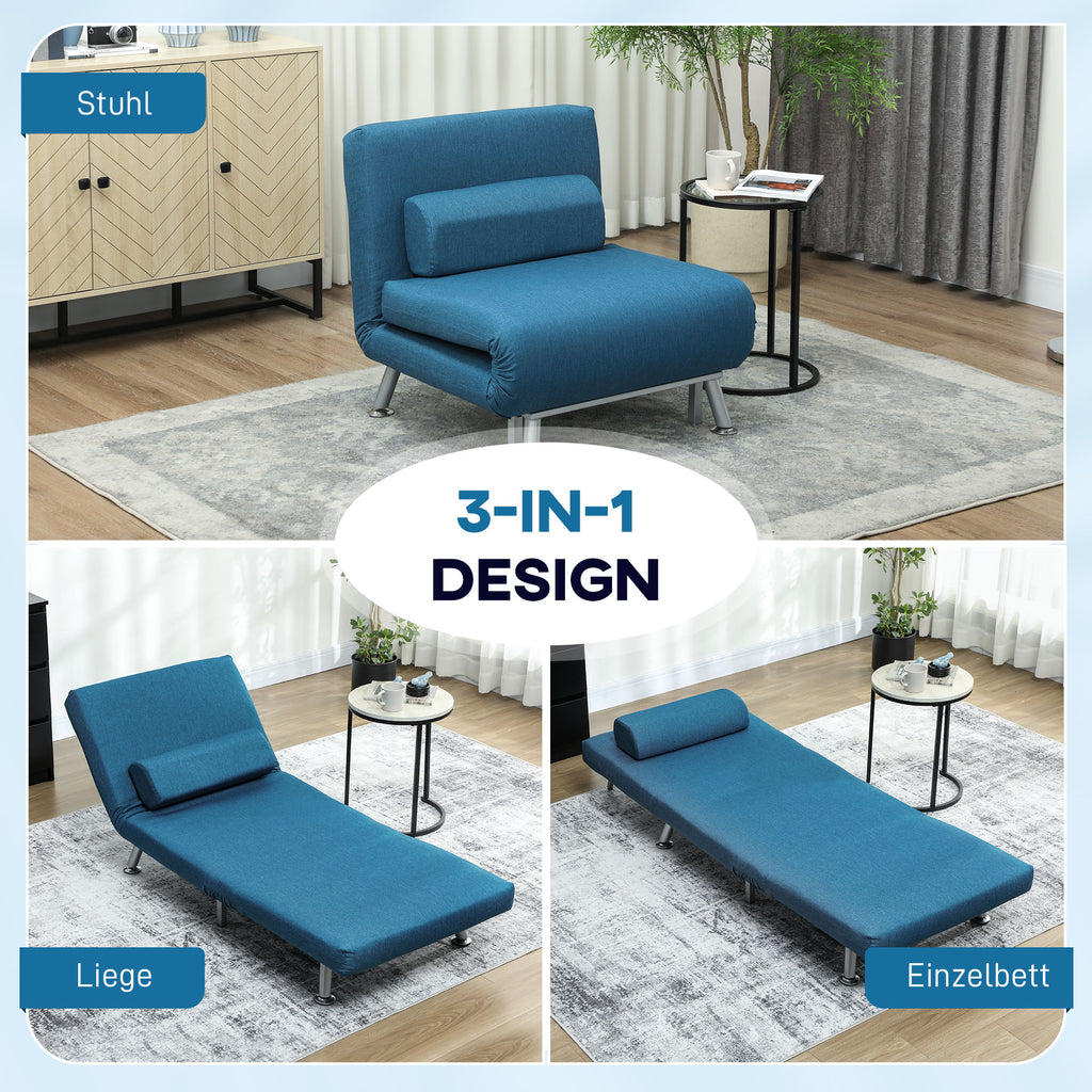 HOMCOM Klappsessel mit Bettfunktion, klappbarer Relaxsessel in Leinenoptik, Verstellbare Rückenlehne, 75 x 70 x 75 cm, Blau