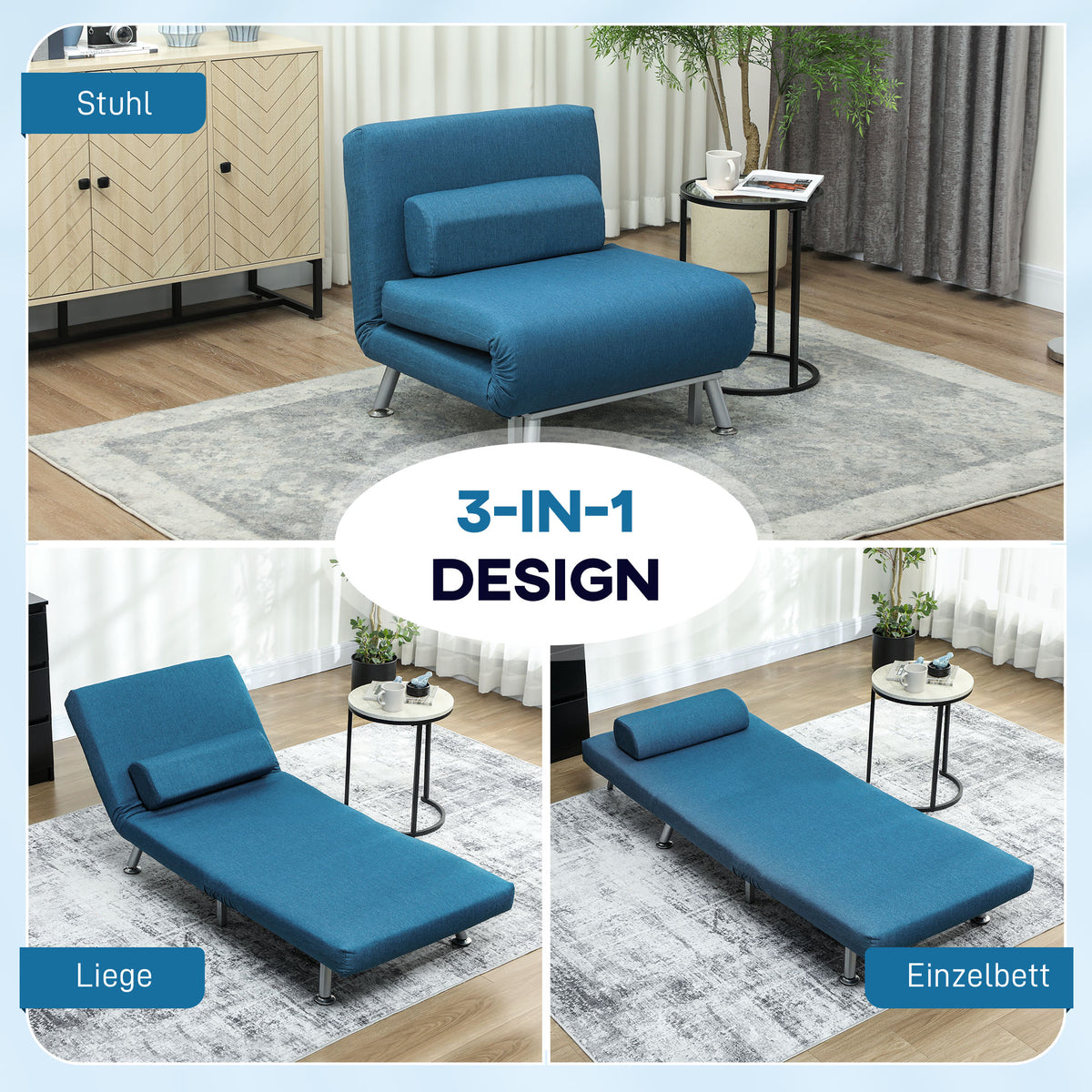 HOMCOM Klappsessel mit Bettfunktion, klappbarer Relaxsessel in Leinenoptik, Verstellbare Rückenlehne, 75 x 70 x 75 cm, Blau