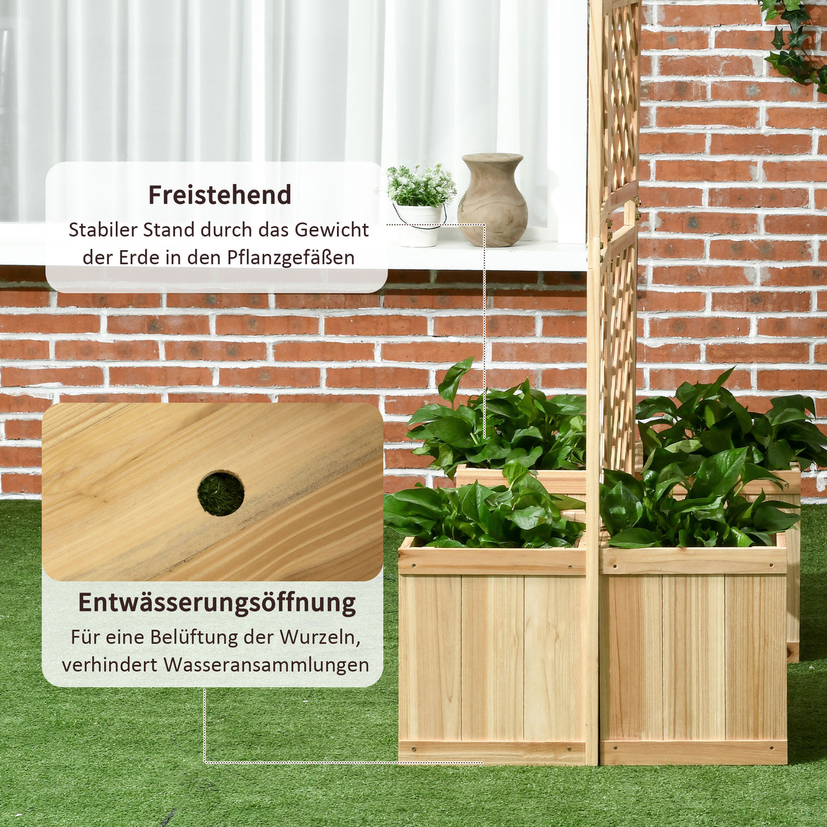 Outsunny Paravent, Sichtschutz für Garten, dreifach klappbar, 4 Blumenkästen, Massivholz, Naturfarbe, 133 x 62 x 165 cm