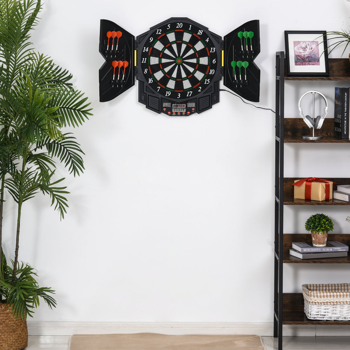 SPORTNOW Elektronische Dartscheibe Dartboard mit Sprachansagen Englische Stimme LED-Anzeigen 12 Darts 27 Spiele 216 Varianten Dartautomat mit Türen Dartscheibe Set für bis zu 8 Spieler