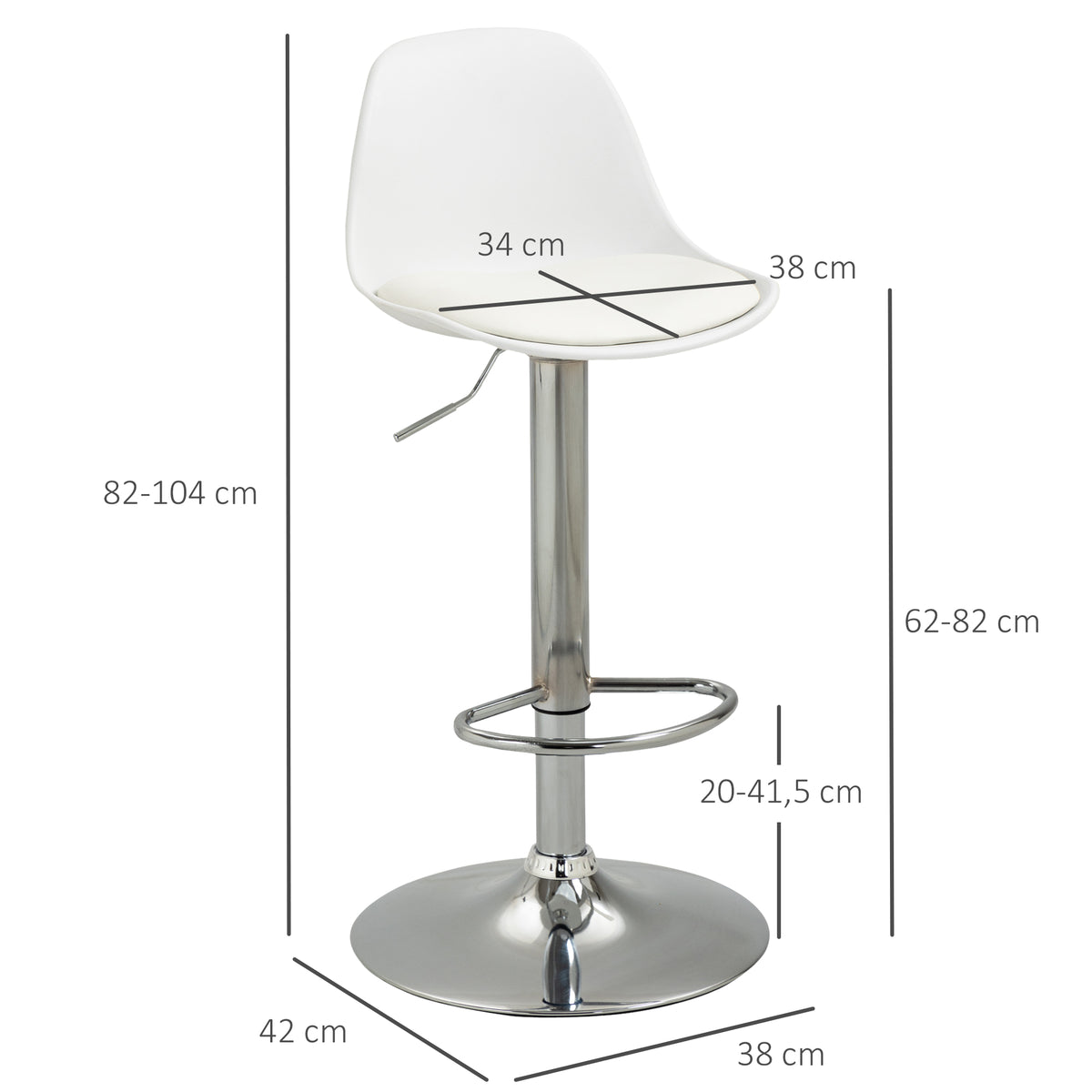 HOMCOM 2er-Set Barhocker, Barstühle, Drehstühle mit Lehne, höhenverstellbar, bis 120 kg belastbar, 38 x 42 x 82-104 cm, Weiß