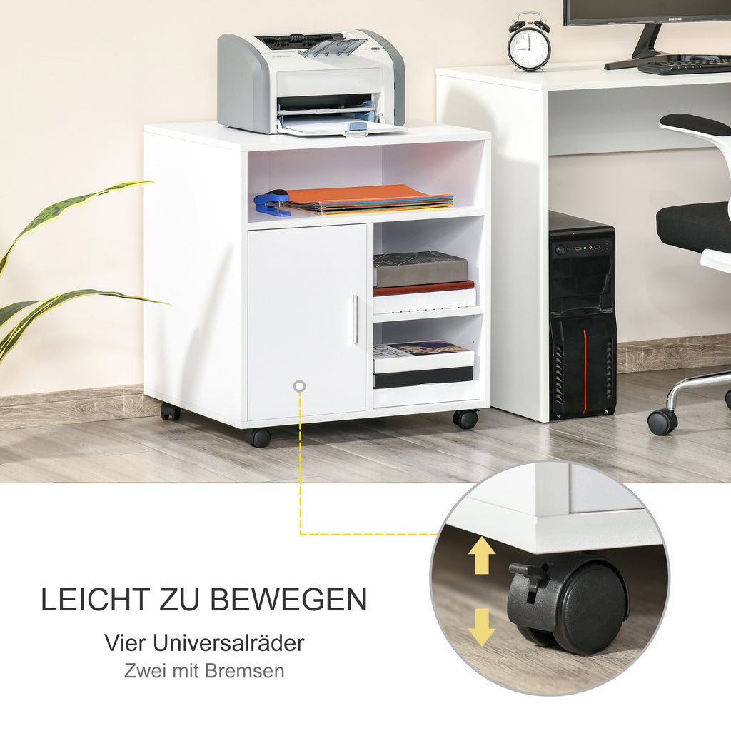 HOMCOM Druckerständer Druckertisch Bürowagen Rollwagen mit Schrank+Regale Spanlatte Weiß 60 x 50 x 65,5 cm