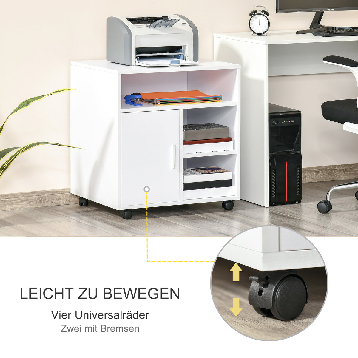 HOMCOM Druckerständer Druckertisch Bürowagen Rollwagen mit Schrank+Regale Spanlatte Weiß 60 x 50 x 65,5 cm