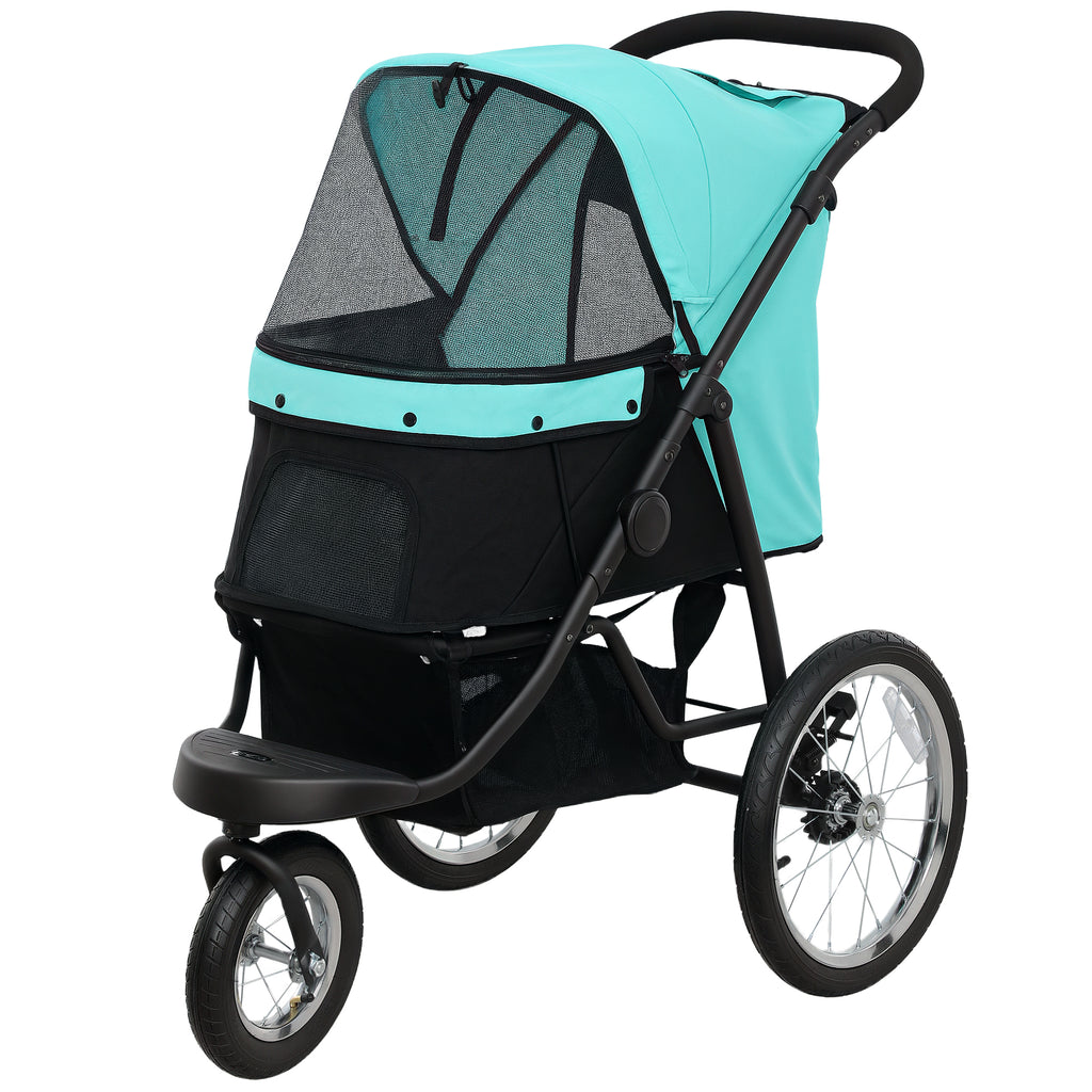 PawHut Hundebuggy, Haustierwagen für kleine Hunde und Katzen, mit Aufbewahrungskorb, Ein-Klick-Faltdesign, Türkis