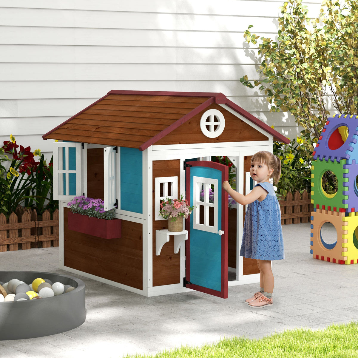 Outsunny Kinderspielhaus, Holz-Spielhaus für Kinder, Outdoor-Gartenspielhaus mit Fenstern, Blumentöpfe, 3-8 Jahre, Blau