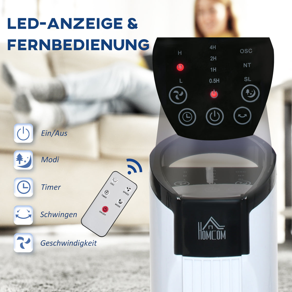 HOMCOM Turmventilator mit Fernsteuerung 70° Oszillierender Standventilator 78,5cm Säulenventilator 50 W 3 Modi & 3 Geschwindigkeiten Schwarz+Weiß
