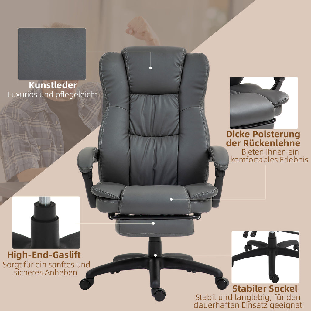 Vinsetto Verstellbarer Drehstuhl mit Fußstütze, Kopfstütze, Massagefunktion, Kunstleder, 68,5x68,5x113-121cm, Dunkelgrau