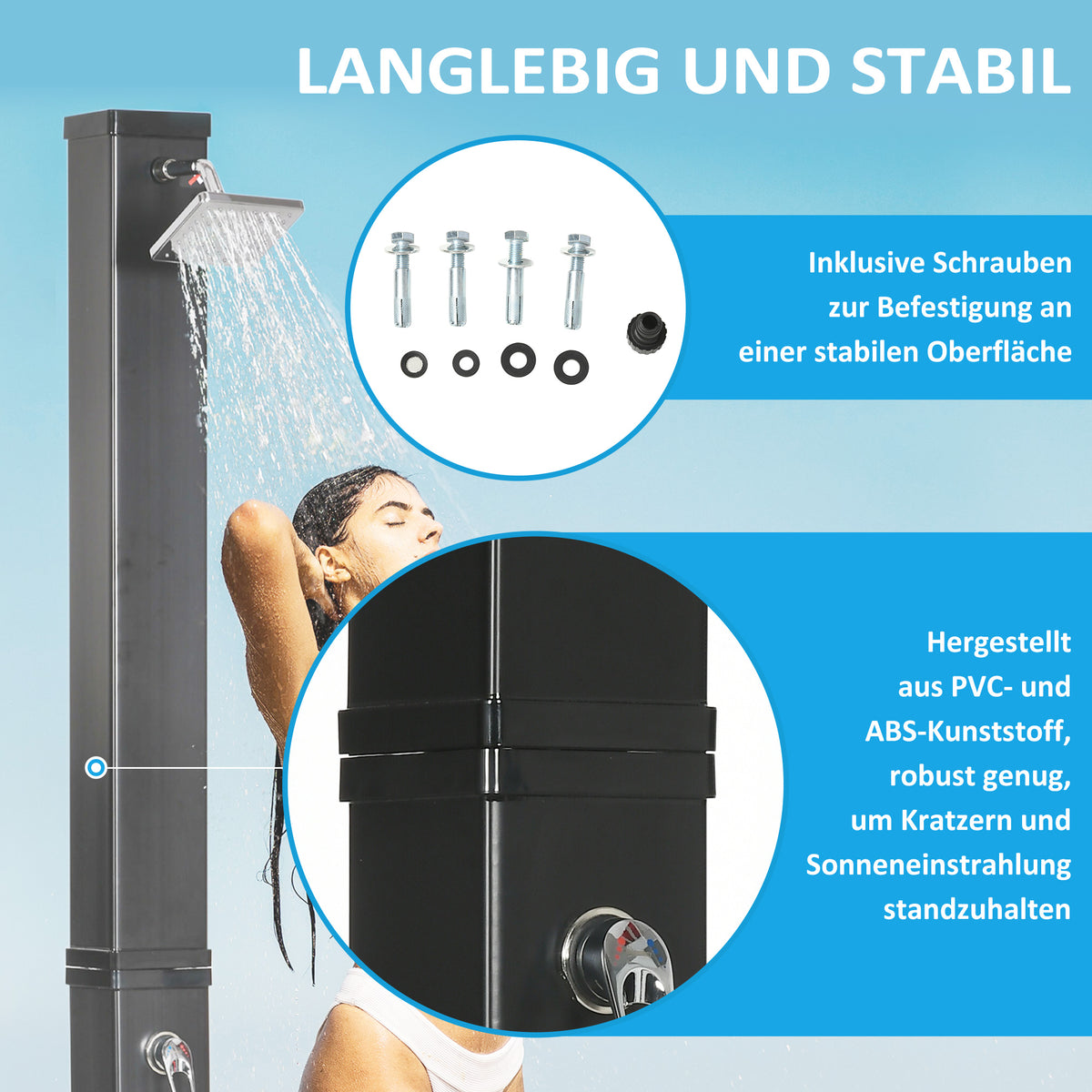 Outsunny Solardusche, um 360° drehbarer Duschkopf, Fußdusche, Wassererhitzung bis 60° C, schwarz, 19 x 20 x 217 cm