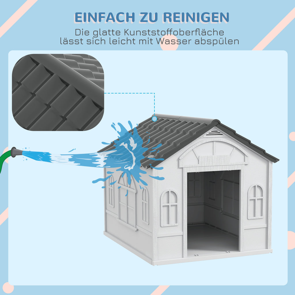 PawHut Hundehütte mit Satteldach, wetterfest, Kunststoff, 65 x 75,7 x 63 cm, Grau