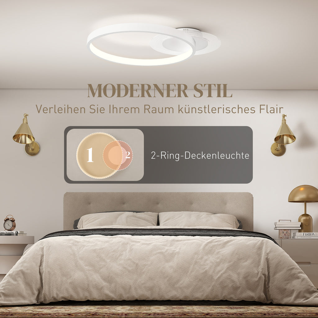 HOMCOM Deckenlampe, Deckenleuchte mit Zwei-Ring-Design, Rund 50 x 40 x 7,4 cm, Weiß