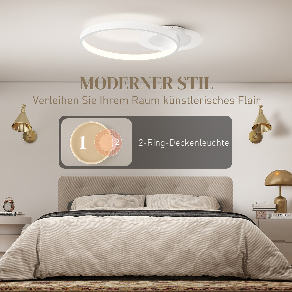 HOMCOM Deckenlampe, Deckenleuchte mit Zwei-Ring-Design, Rund 50 x 40 x 7,4 cm, Weiß