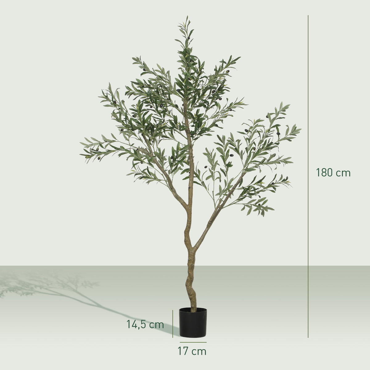 HOMCOM Künstlicher Olivenbaum, Kunstpflanze, Lebensechte Olivenpflanze in Pflanztopf, 180 cm, Kunststoff, Grün
