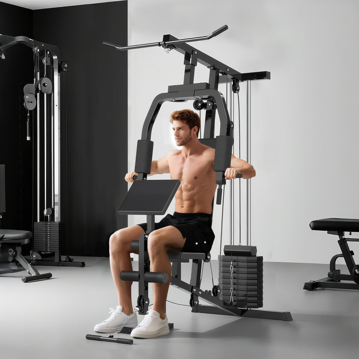 HOMCOM Kraftstation für Zuhause Fitnessstation mit Latzuggerät, Kabelzug, kurzer Bizepsstange, Brustpresse, Beintrainer, Butterfly-Maschine 45kg Gewichten Multifunktion Fitnessstation Schwarz