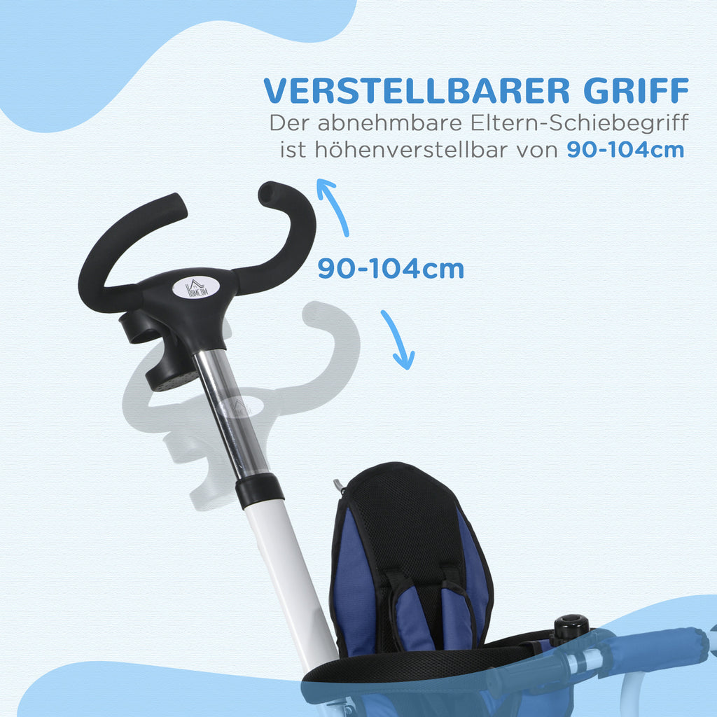 HOMCOM 6-in-1 Kinderdreirad mit Schiebestange, Dach, Gurt, Ablagekorb, 18+ Monate, Dunkelblau