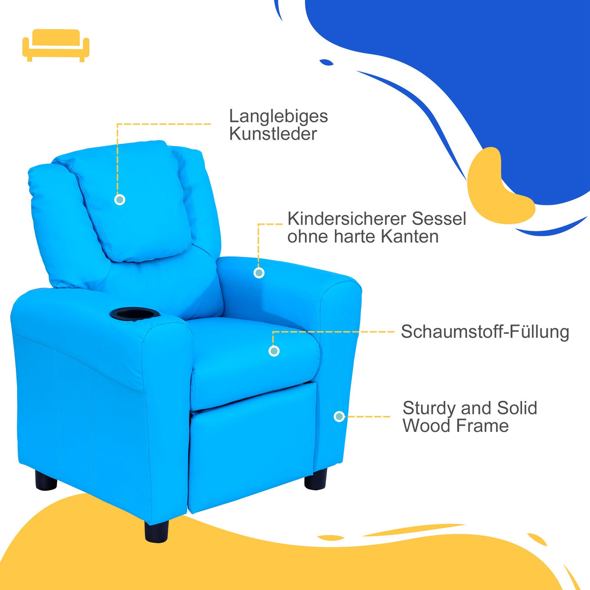 HOMCOM Kindersessel mit neigbarer Rücklehne 62 x 52 x 69cm Massivholzrahmen Blau