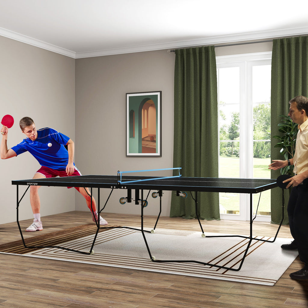 SPORTNOW Tischtennisplatte, klappbar, 8 Räder, pulverbeschichteter Stahlrahmen, MDF, 274 x 152,5 x 76 cm, Schwarz