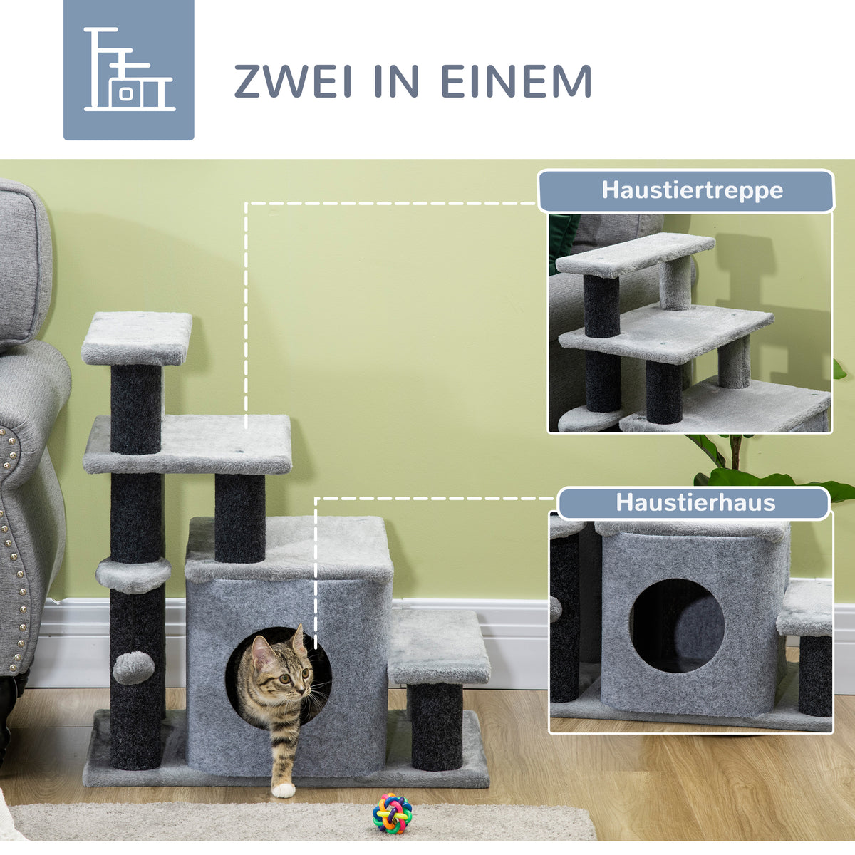 PawHut Kratzbaum, Tiertreppe, 4 Stufen, Spielball, Häuschen, höhenverstellbar, schwarz+grau, 60 x 40 x 66 cm