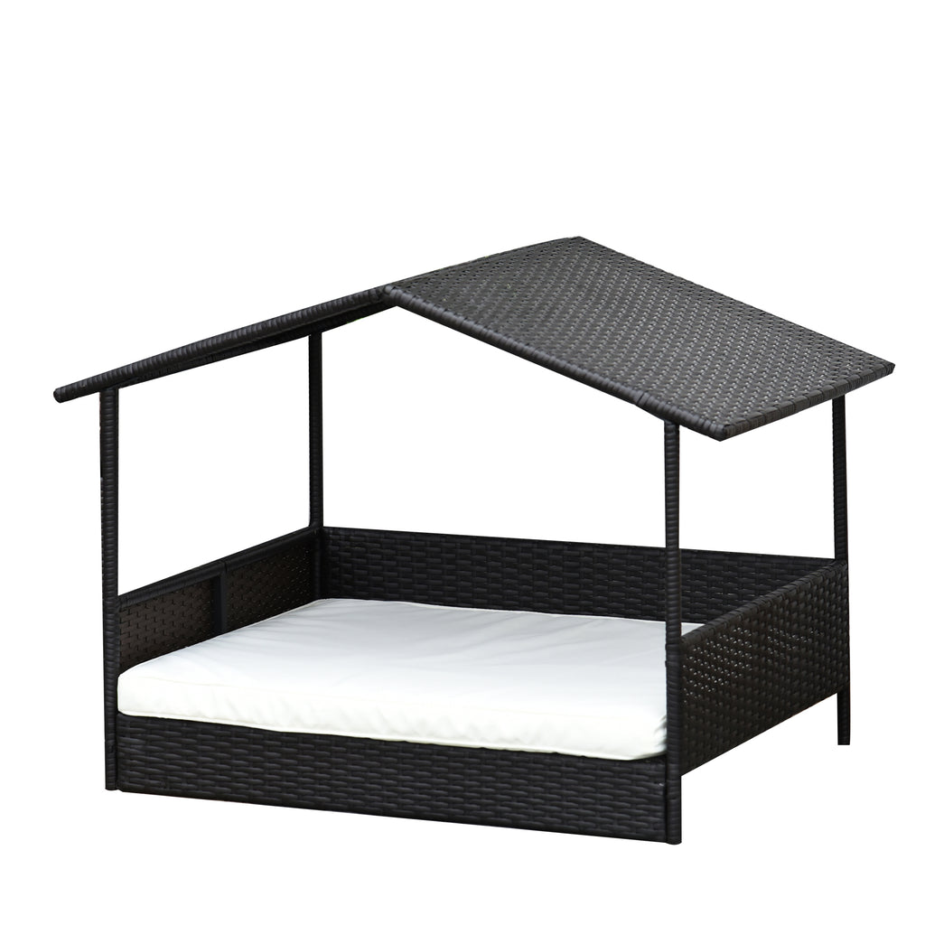 PawHut Rattan Hundeliege Outdoor mit Dach, Erhöhtes Hundebett für kleine und mittelgroße Hunde, Kühlendes Haustierliege mit Metallrahmen, Haustierbett für Draußen, 69 x 98 x 70 cm, Kaffee-Braun