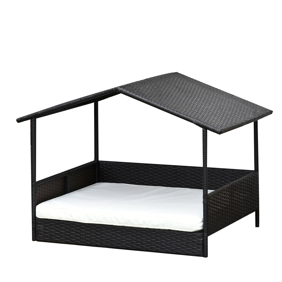 PawHut Rattan Hundeliege Outdoor mit Dach, Erhöhtes Hundebett für kleine und mittelgroße Hunde, Kühlendes Haustierliege mit Metallrahmen, Haustierbett für Draußen, 69 x 98 x 70 cm, Kaffee-Braun