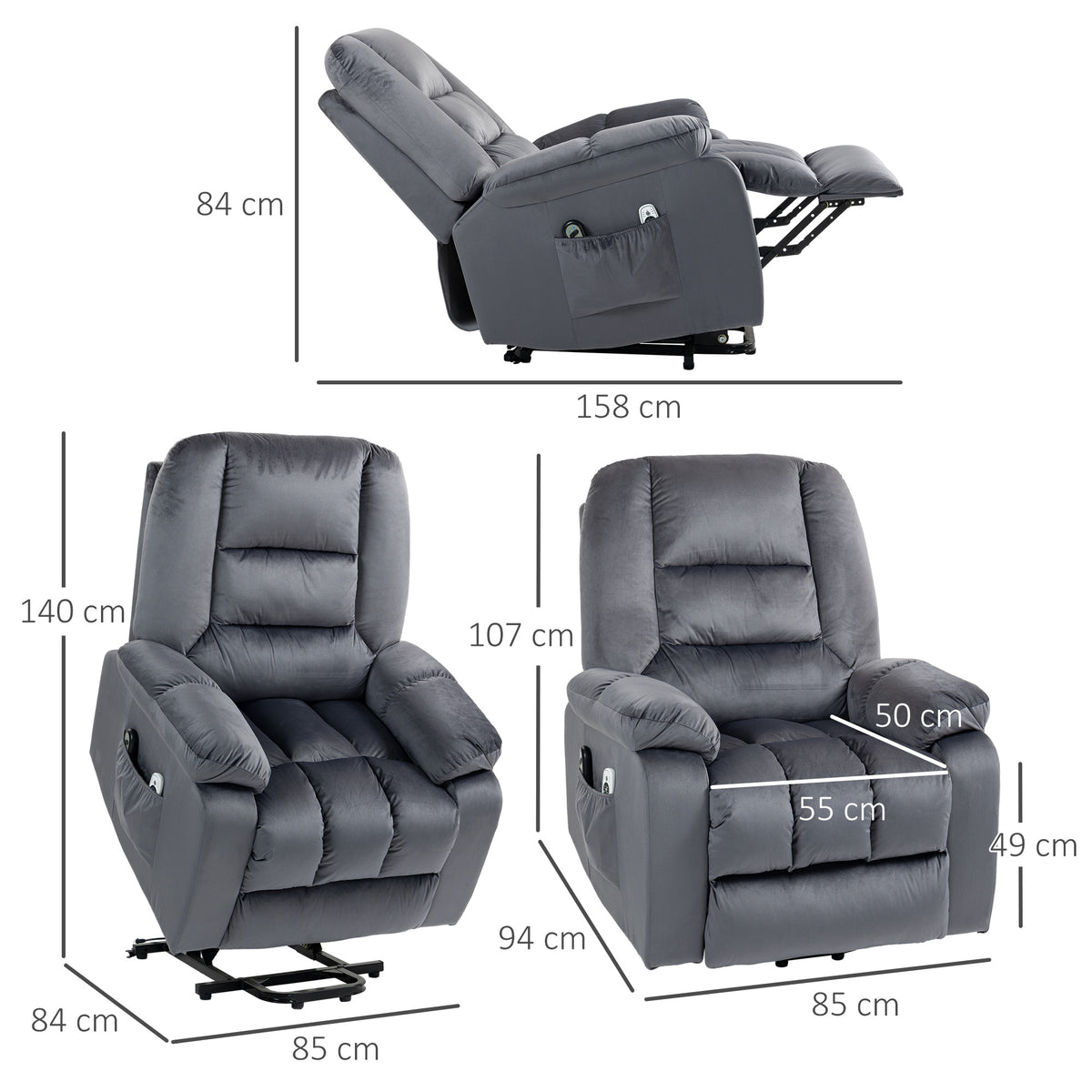 HOMCOM Massagesessel Aufstehhilfe Seniorensessel Relaxsessel, 8 Massagepunkte, 2 Seitentaschen, 85 cm x 94 cm x 107cm, Grau