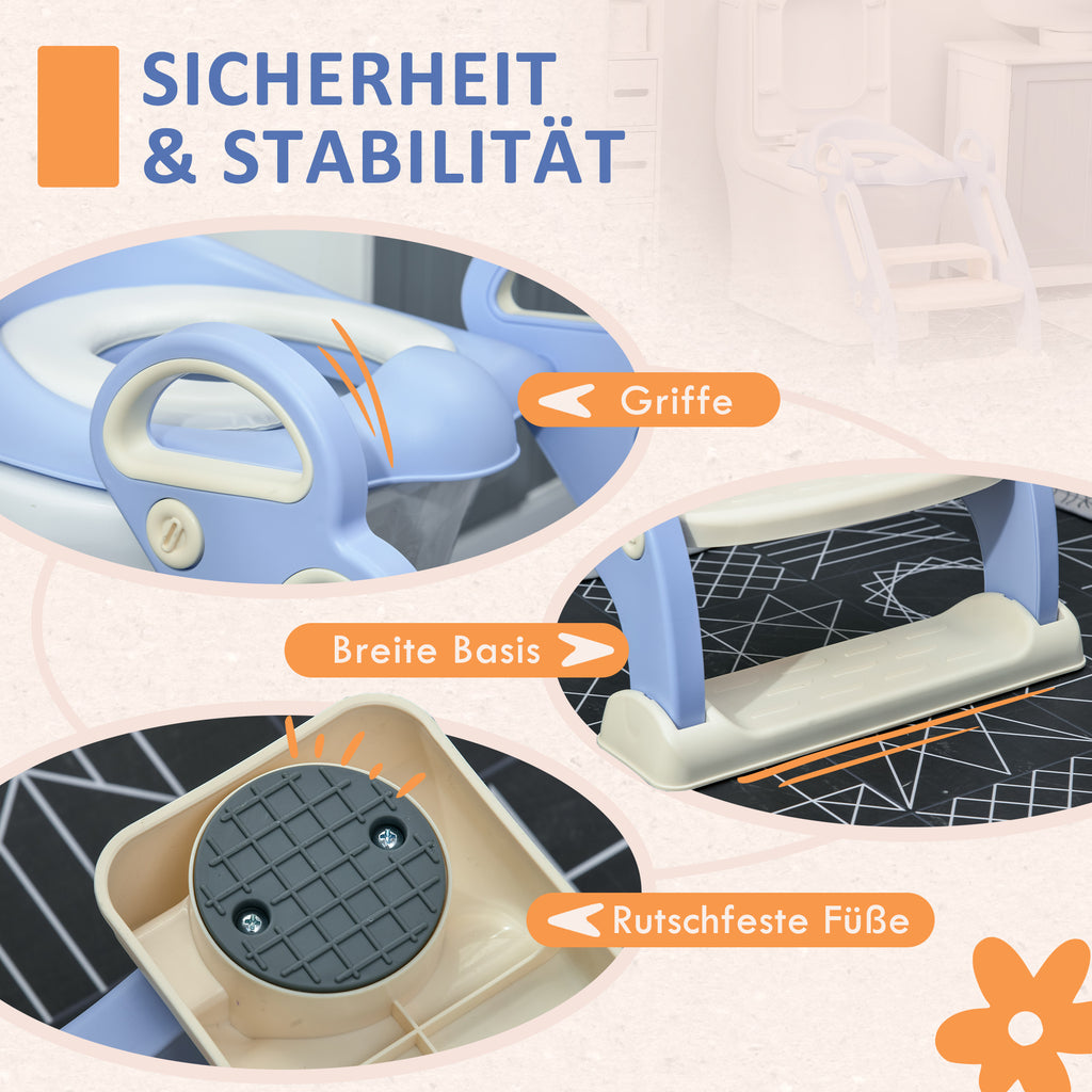 ZONEKIZ Toilettenaufsatz für Kinder, klappbar, mit Leiter, 2 Griffe, rutschfest, Spritzwasserschutz, blau