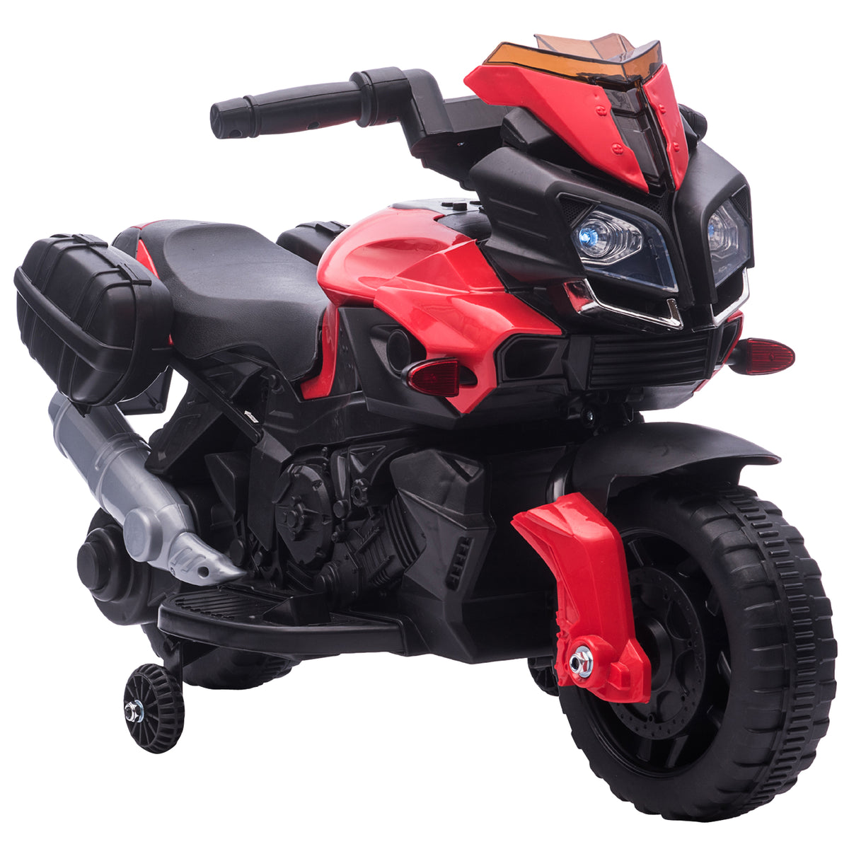 HOMCOM Kinder Elektromotorrad 6 V 3 km/h Licht- und Soundeffekte abnehmbare Räder Trittbretter Seitentaschen Metall PP Rot Schwarz