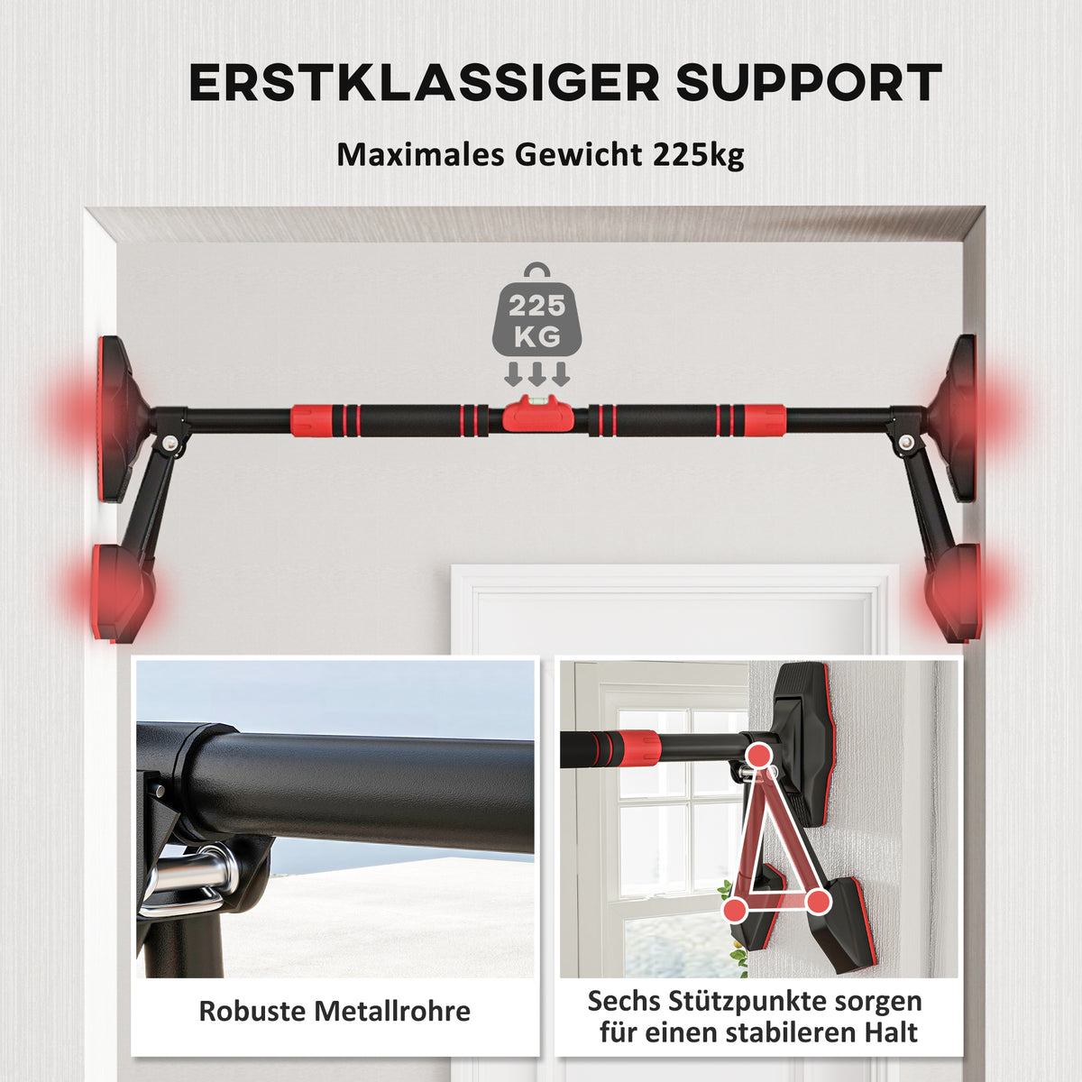 SPORTNOW Klimmzugstange, verstellbar 81-107cm, Wasserwaage, 6-Punkt-Unterstützung, Metall, Schwarz/Rot