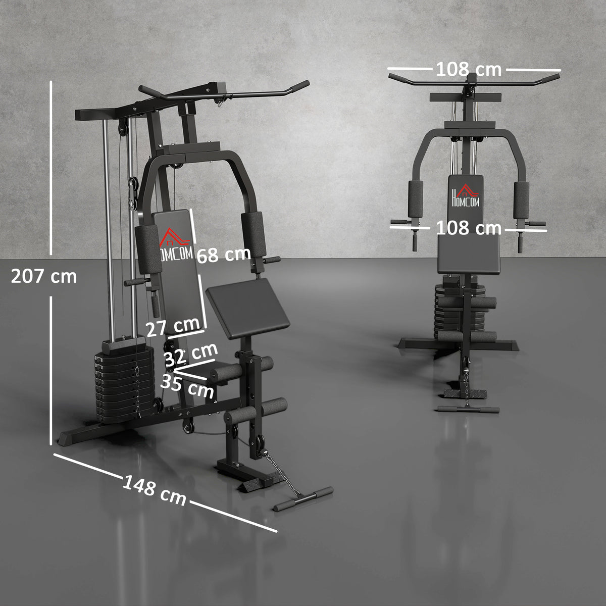 HOMCOM Kraftstation für Zuhause Fitnessstation mit Latzuggerät, Kabelzug, kurzer Bizepsstange, Brustpresse, Beintrainer, Butterfly-Maschine 45kg Gewichten Multifunktion Fitnessstation Schwarz