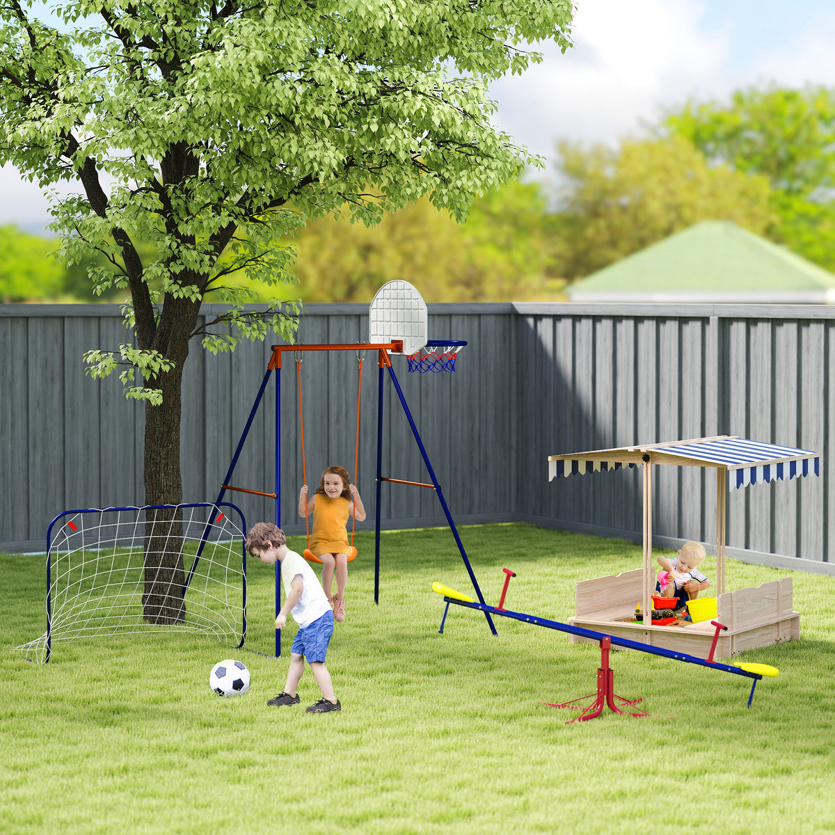 Outsunny Kinderschaukel-Set, Fußballtor, Basketballkorb, für 3 bis 8 Jahre, Stahlgestell