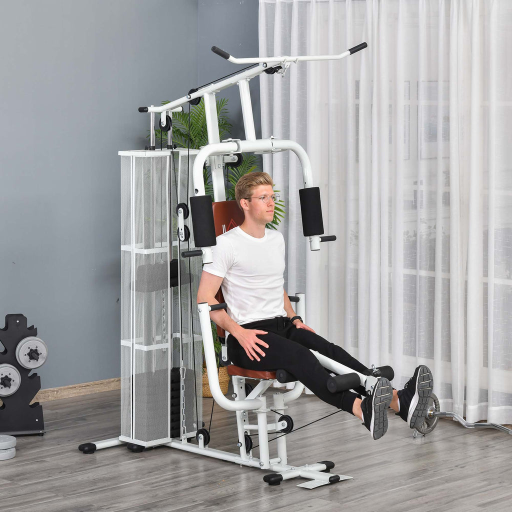 HOMCOM Gym Kraftstation Fitnessstation Multigym Fitnesscenter Fitnessgerät inkl. Gewichten Latzug Beincurl  Metall PU-Kunstleder Weiß 150 x 110 x 210 cm