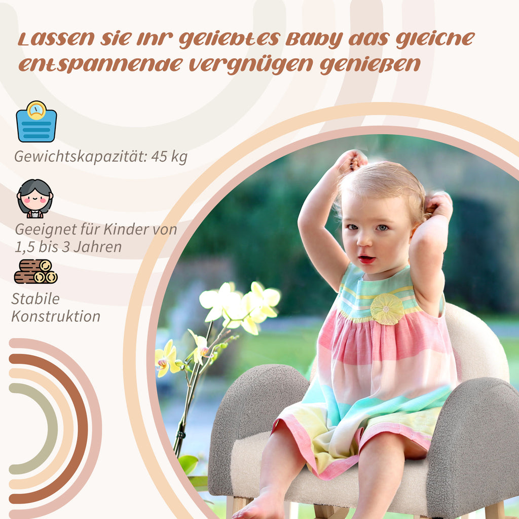 HOMCOM Schaukelstuhl für Kleinkinder, niedliches Design, Schaffell-Imitat, Eukalyptusholz, 50 x 45 x 44cm, grau+rosa+creme