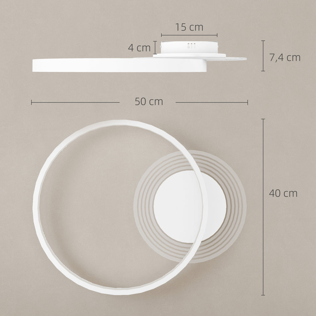 HOMCOM Deckenlampe, Deckenleuchte mit Zwei-Ring-Design, Rund 50 x 40 x 7,4 cm, Weiß