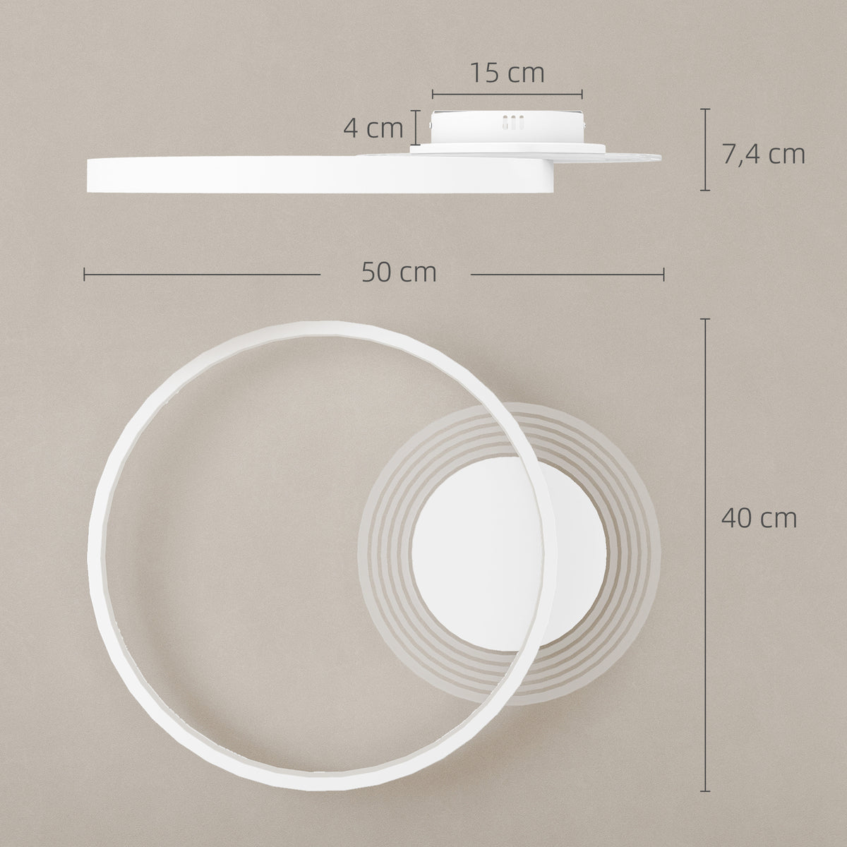 HOMCOM Deckenlampe, Deckenleuchte mit Zwei-Ring-Design, Rund 50 x 40 x 7,4 cm, Weiß