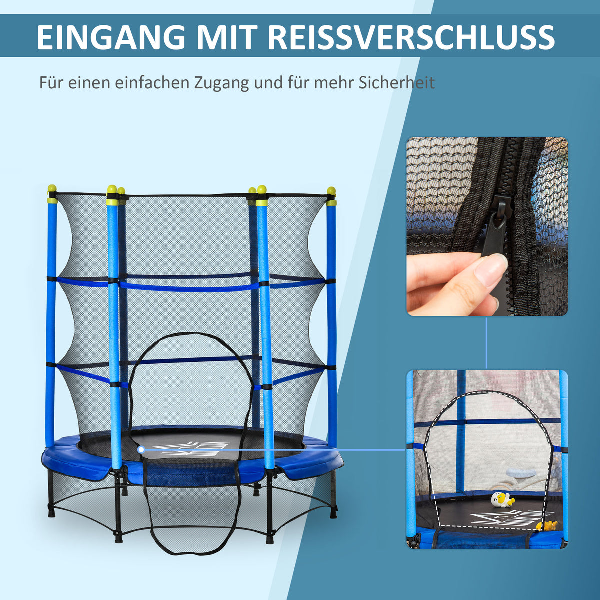 HOMCOM Kindertrampolin Ø140 cm, Trampolin mit Sicherheitsnetz, Randabdeckung, Gartentrampolin für Kinder 3-10 Jahre, bis 50 kg belastbar, Blau