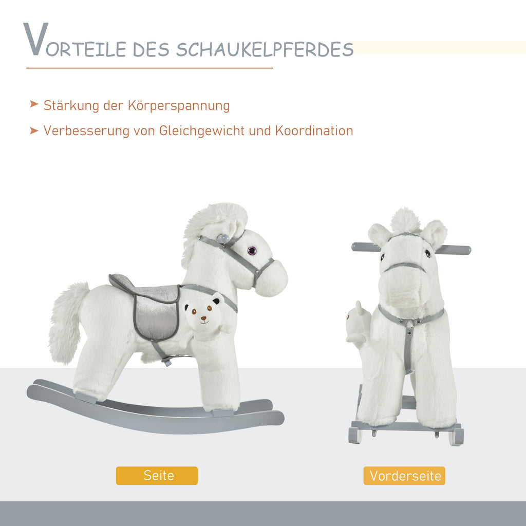 HOMCOM Kinder Schaukelpferd Baby Schaukeltier mit Tiergeräusche Spielzeug Haltegriffe für 18-36 Monate Plüsch Weiß 65 x 26 x 55 cm